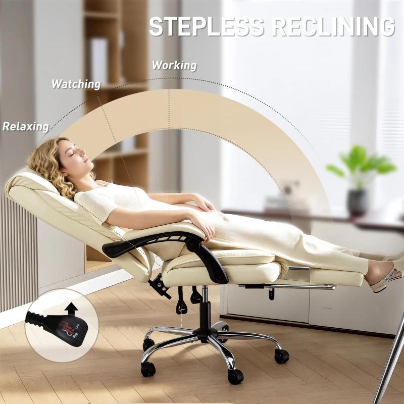 HOMCOM Executive Office Chair, Pet-Friendly Leather Ergonomic Desk Chair with Footrest, Swivel Recliner, Beige