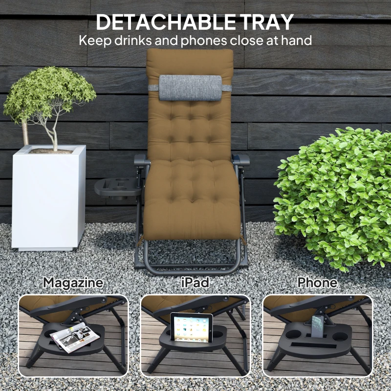 Outsunny Padded Folding Recliner Chair, Patio Lounger with Cupholder, Adjustable Backrest, Removable Cushion, Light Khaki