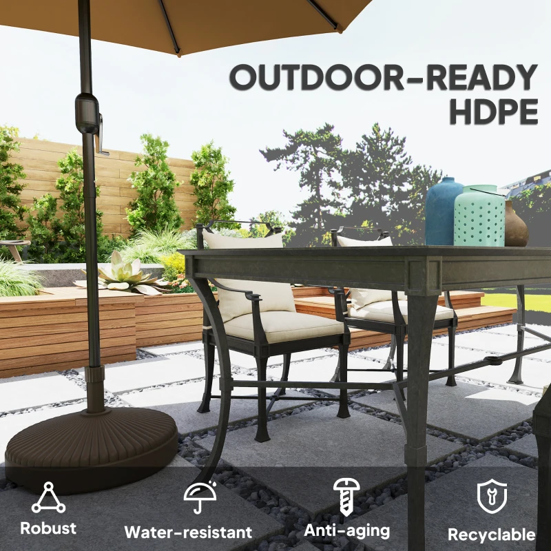 Outsunny Round Plastic Patio Umbrella Base Parasol Holder Outdoor Umbrella Stand, Filled Up to 62lbs with Stand or 51lbs with Water for Garden, Poolside, Brown