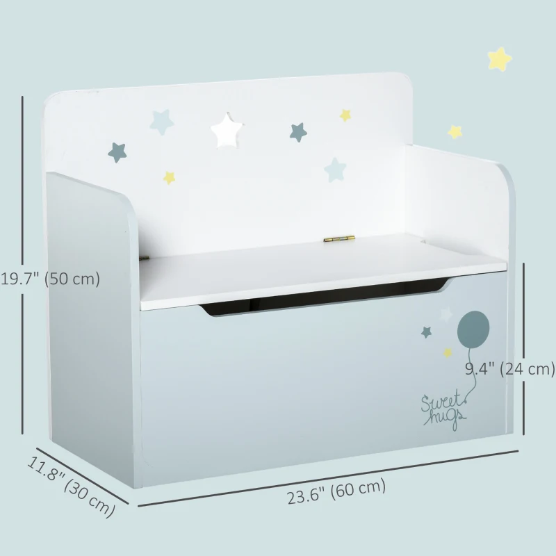 Qaba Kids Wooden Toy Storage Box Organizer Chest 2 in 1 Design with Gas Stay Bar 23.5" x 11.75" x 19.75" Light Blue