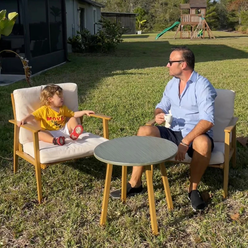 Outsunny 3 Piece Outdoor Bistro Set, Wood Effect Metal Patio Set with Wide and Deep Chairs, Round Table, Cushions, Cream White