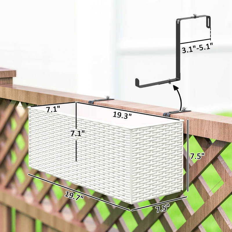 Outsunny 2 Pack 20 Inch Railing Flower Pots, Hanging Flower Pots with Hooks, Drainage Holes for Fence, Rattan Look, White