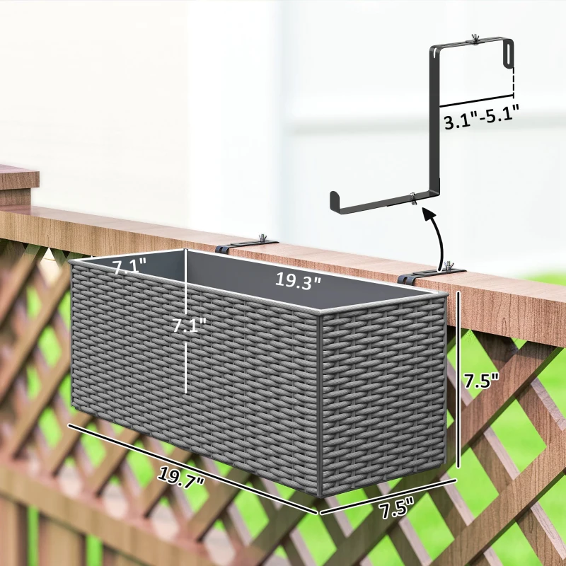 Outsunny 2 Pack 20 Inch Railing Flower Pots, Hanging Flower Pots with Hooks, Drainage Holes for Fence, Rattan Look, Gray