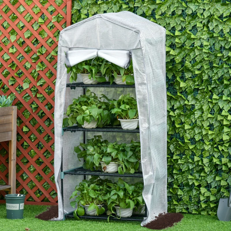 Outsunny Portable Greenhouse Outdoor Hot House with 4 Tier Shelves, Steel Frame, PE Cover, 28" x 20" x 63" , White