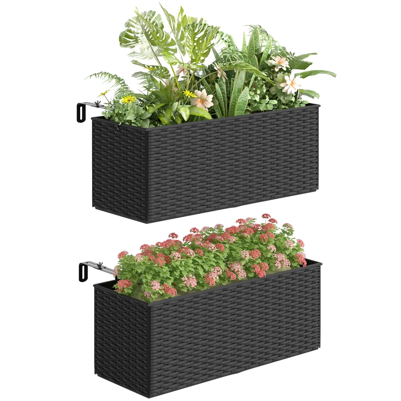 Outsunny 2 Pack 20 Inch Railing Flower Pots, Hanging Flower Pots with Hooks, Drainage Holes for Fence, Rattan Look, Black