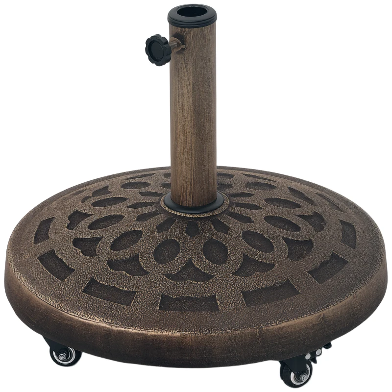 Outsunny Round Patio Umbrella Base with Wheels, 46 lbs Resin Umbrella Stand Base, Heavy Duty Patio Umbrella Holder for 1.3"/1.5"/1.9" Umbrella Poles for Outdoor, Lawn, Poolside, Bronze