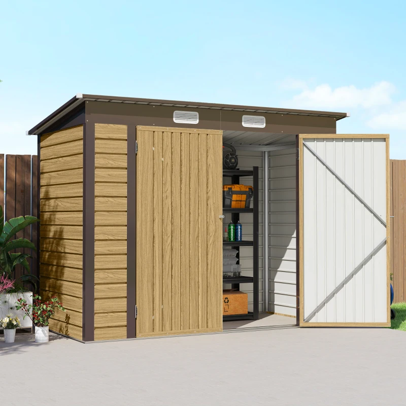 Outsunny 8 x 4FT Galvanized Garden Storage Shed, Metal Outdoor Shed with Double Doors and 2 Vents, Oak
