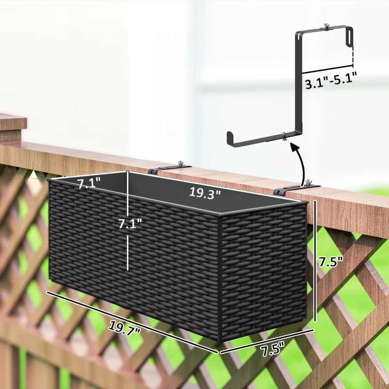 Outsunny 2 Pack 20 Inch Railing Flower Pots, Hanging Flower Pots with Hooks, Drainage Holes for Fence, Rattan Look, Black