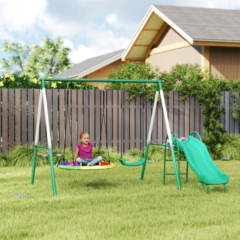 Qaba Metal Swing Set with Slide, Saucer Swing Seat, Heavy Duty A-Frame Stand and Adjustable Rope for Backyard, Dark Green