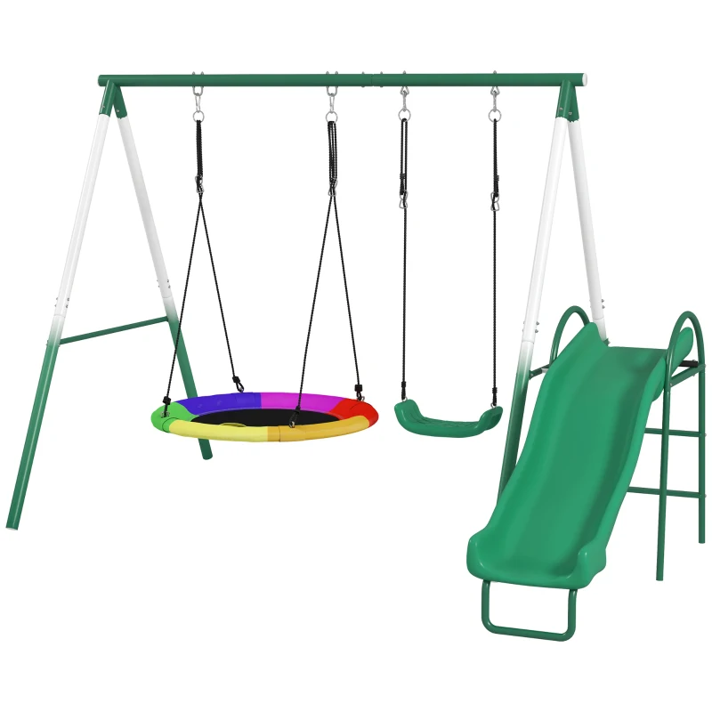 Qaba Metal Swing Set with Slide, Saucer Swing Seat, Heavy Duty A-Frame Stand and Adjustable Rope for Backyard, Dark Green