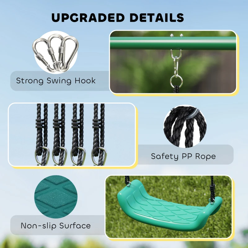 Qaba Metal Swing Set with Slide, Saucer Swing Seat, Heavy Duty A-Frame Stand and Adjustable Rope for Backyard, Dark Green