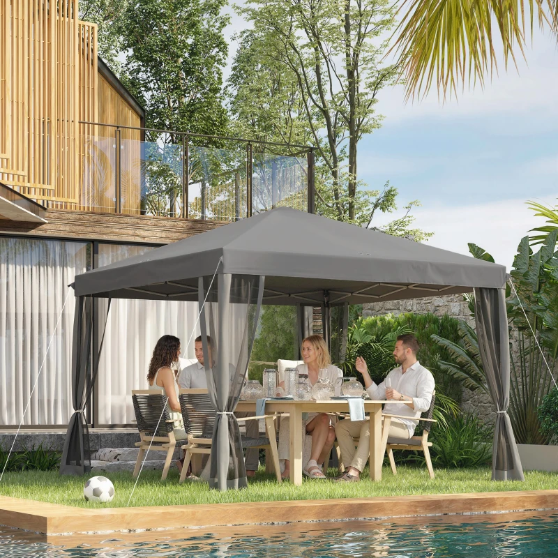 Outsunny 10' x 10' Pop Up Canopy Tent Gazebo with Removable Mesh Sidewall Netting, Carry Bag for Backyard Patio Outdoor, Light Grey