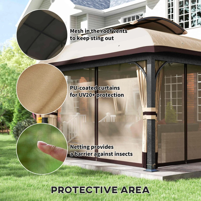 Outsunny 11' x 13' Patio Gazebo, Double Roof Outdoor Gazebo Canopy with Netting & Curtains, Galvanized Metal Frame, Khaki