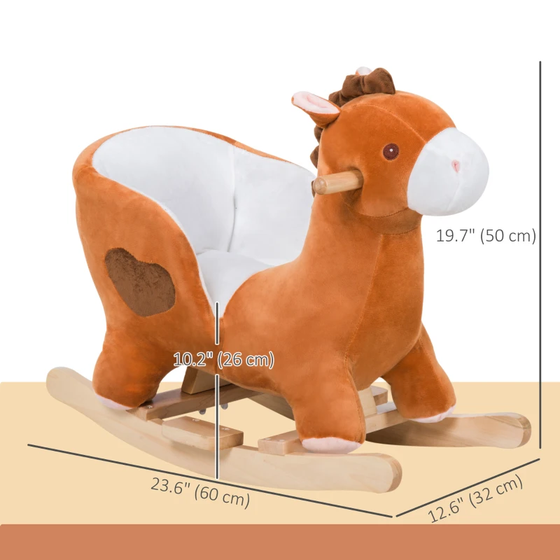 Qaba Kids Plush Rocking Horse Stuffed Animal Rocker Child Ride On Toy with Realistic Sound Red Brown