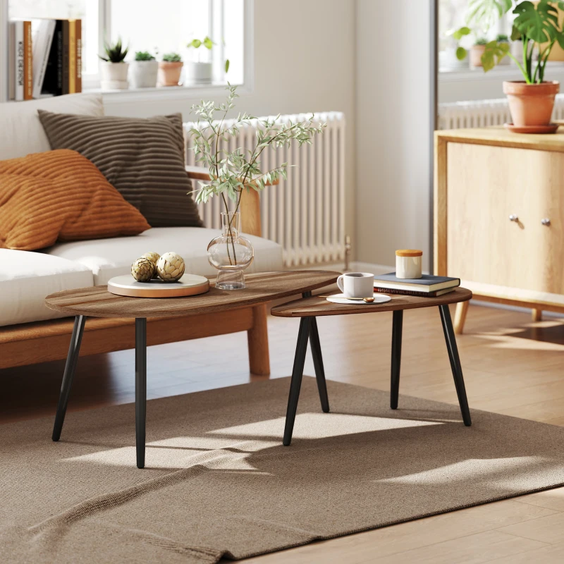 HOMCOM 2 Pieces Coffee Table Set for Living Room, Industrial Nest of Tables with Steel Legs, Brown