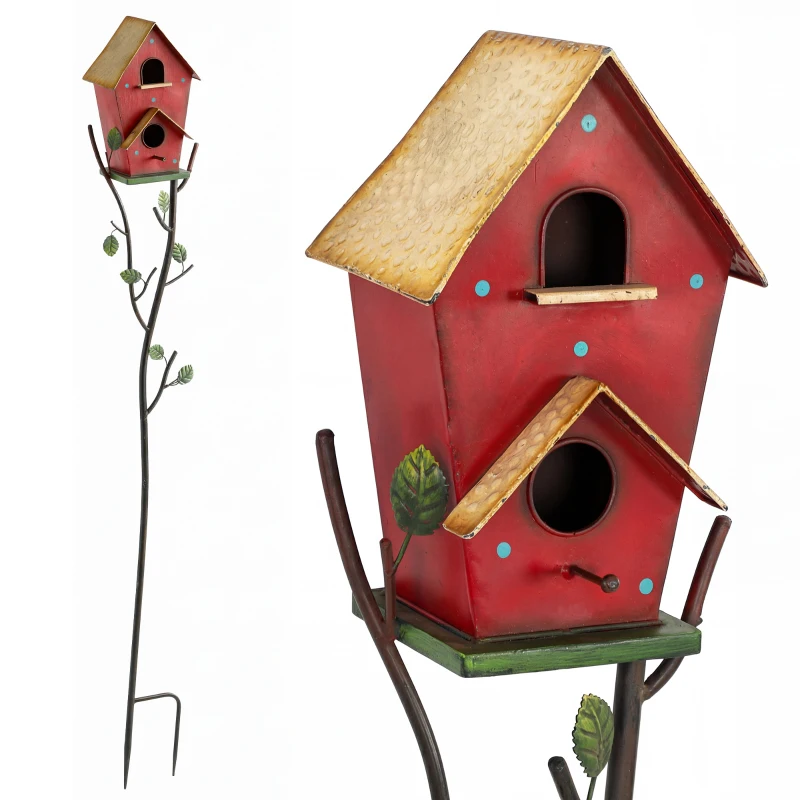 Outsunny 57" Outdoor Bird House with Pole, Metal Bird Houses for Outside, Double-Hole Birdhouse Outdoor Decoration, Red