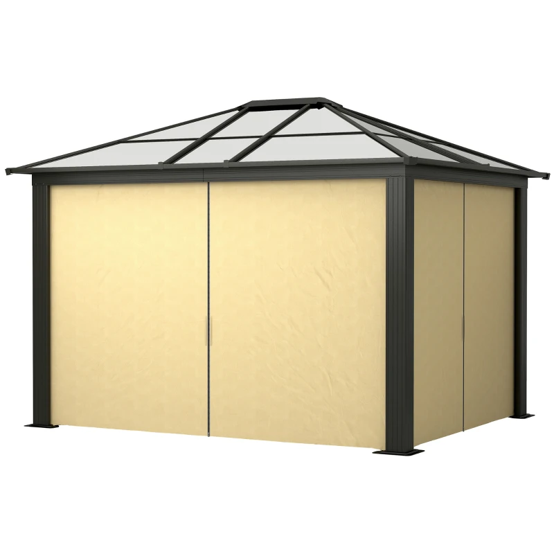 Outsunny 10' x 12' Hardtop Gazebo Canopy with Polycarbonate Roof, Aluminum Frame, Netting, Curtains and Ceiling Hook, Brown
