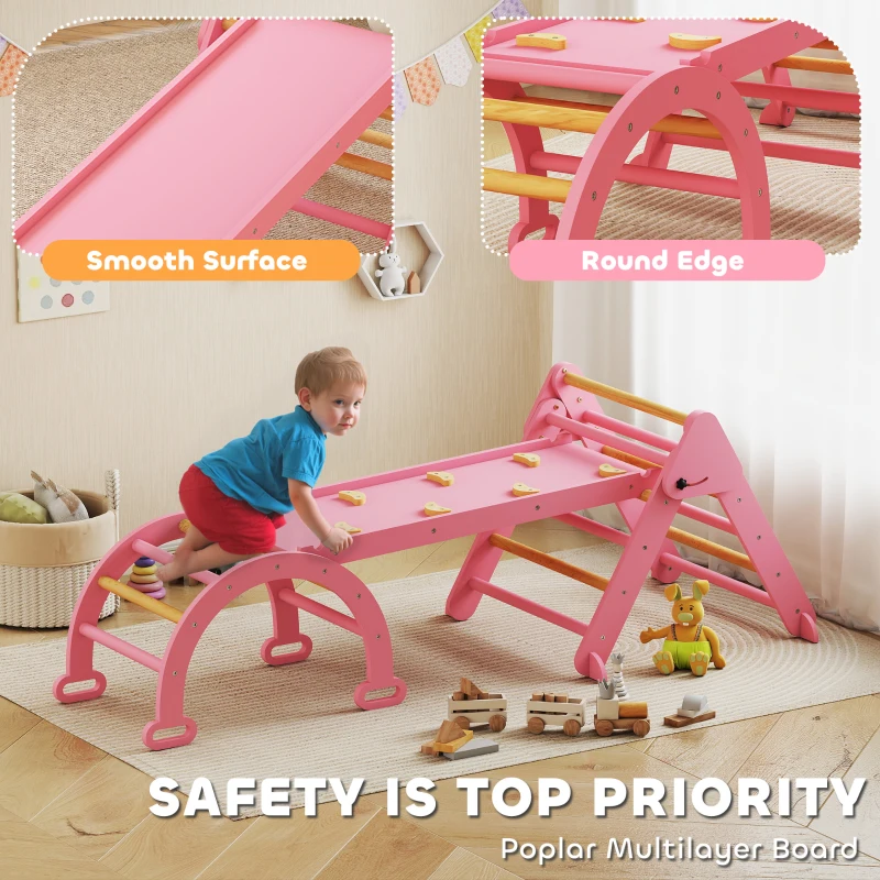 Qaba 7-in-1 Pikler Triangle Set, Foldable Wooden Climbing Toys with Arch, Ramp and Ladder for Toddlers 1-4 Years, Pink
