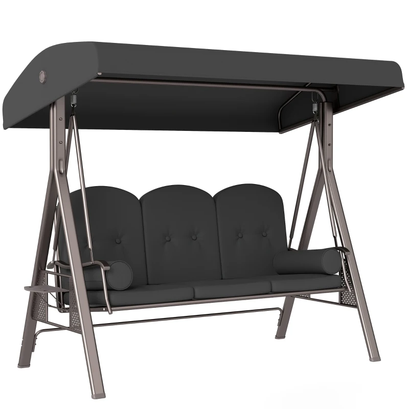 Outsunny Outdoor Patio 3-Person Steel Canopy Cushioned Seat Bench Swing with Included Side Trays & Padded Comfort, Dark Grey