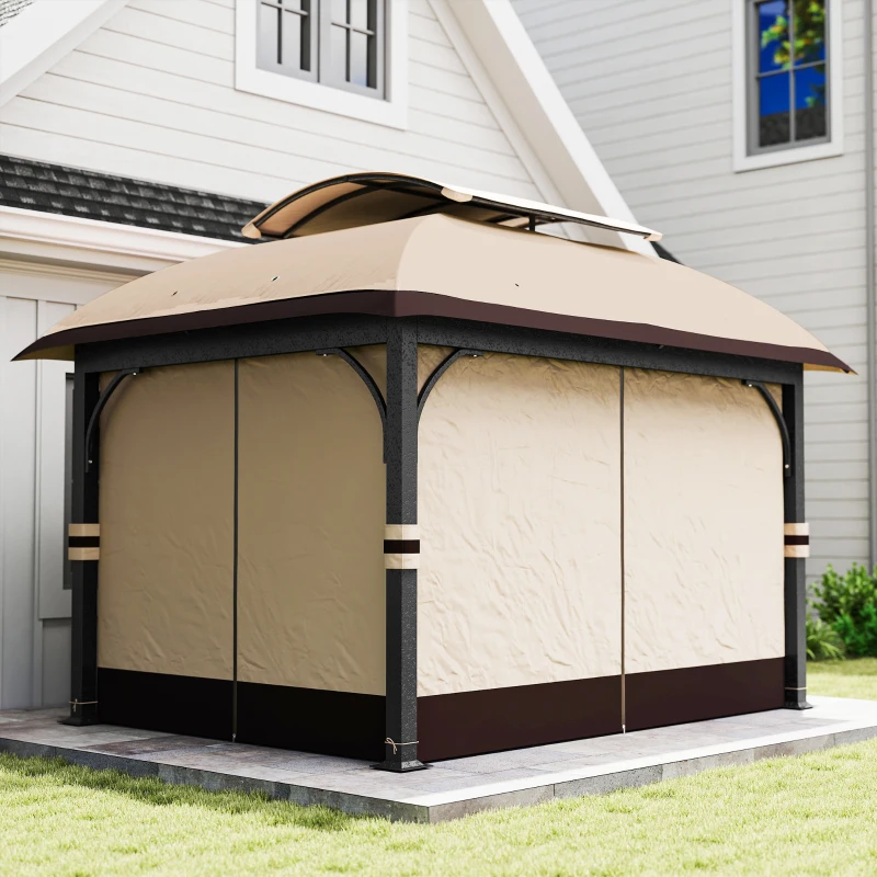 Outsunny 11' x 13' Patio Gazebo, Double Roof Outdoor Gazebo Canopy with Netting & Curtains, Galvanized Metal Frame, Khaki