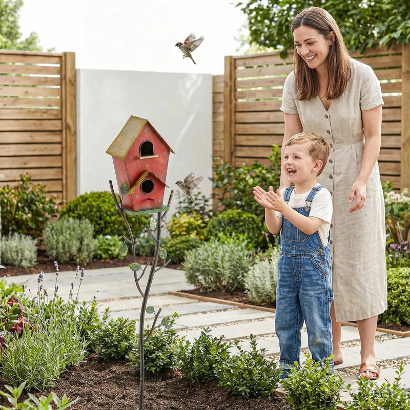 Outsunny 57" Outdoor Bird House with Pole, Metal Bird Houses for Outside, Double-Hole Birdhouse Outdoor Decoration, Red