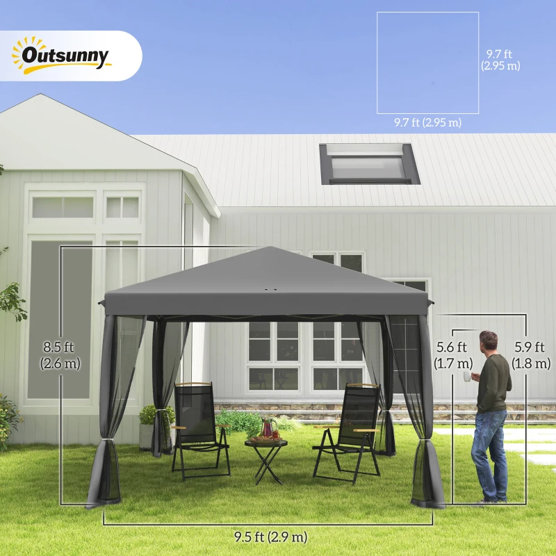 Outsunny 10' x 10' Pop Up Canopy Tent Gazebo with Removable Mesh Sidewall Netting, Carry Bag for Backyard Patio Outdoor, Light Grey