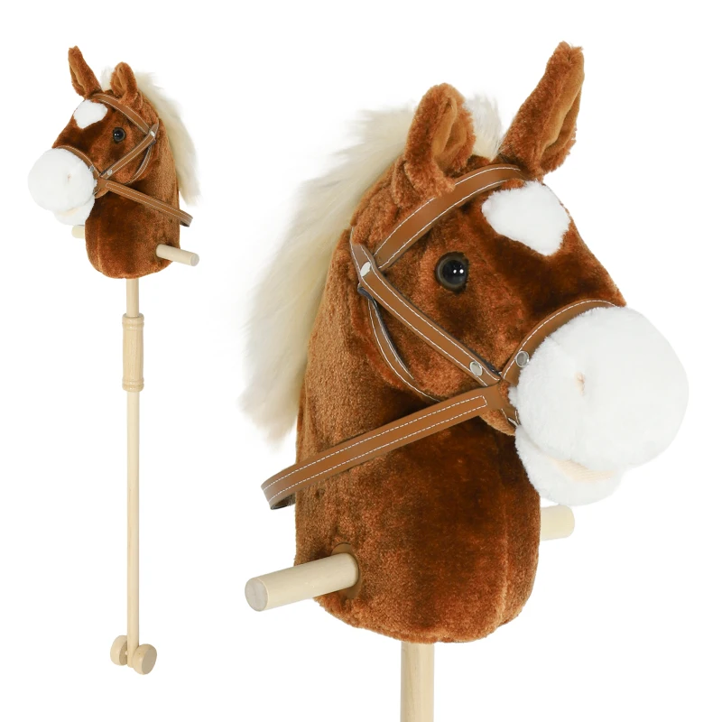 Qaba Unicorn Stick Horse, Plush Hobby Horse with Wood Wheels, Real Pony Neighing and Galloping Sounds, for Kids, Brown