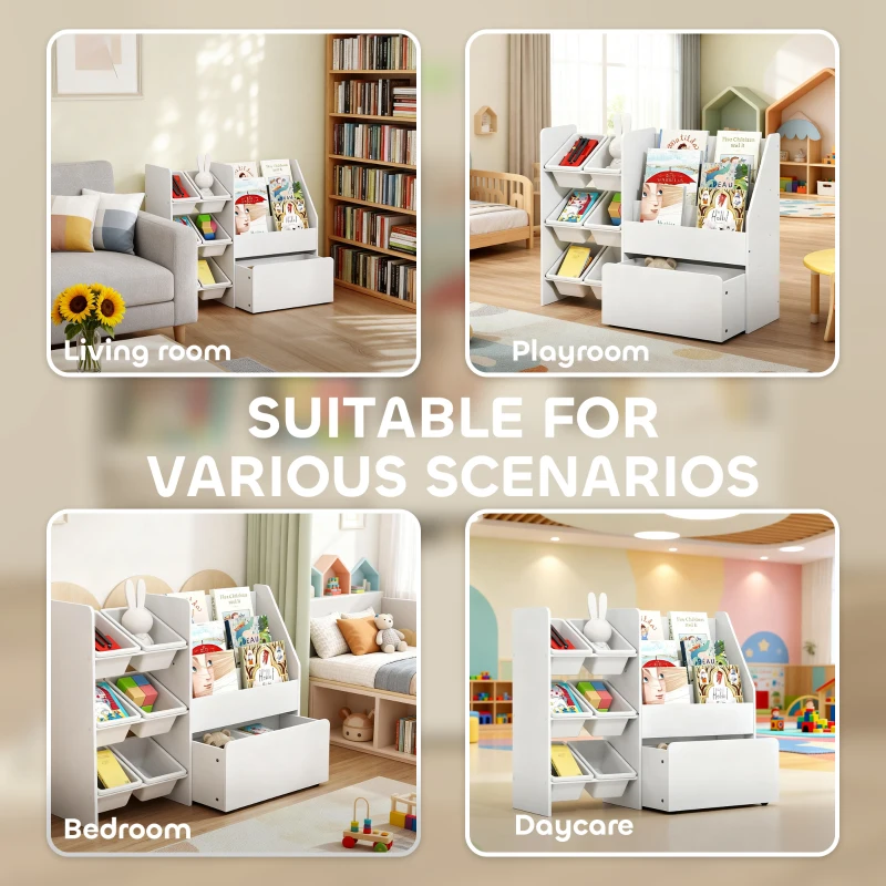 Qaba Kids Bookshelf and Toy Storage, 3-Tier Bookcase with 6 Removable Bins and Box for Toddler Nursery Playroom, White