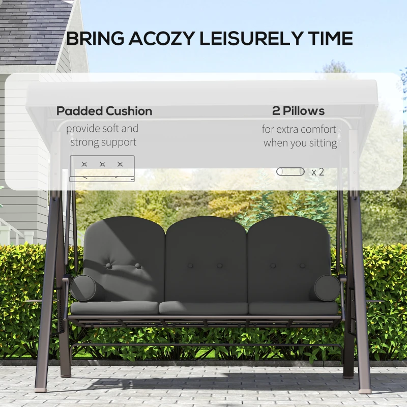 Outsunny Outdoor Patio 3-Person Steel Canopy Cushioned Seat Bench Swing with Included Side Trays & Padded Comfort, Dark Grey