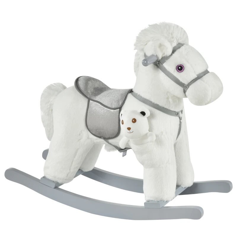 Qaba Kids Rocking Horse Plush Animal on Wooden Rockers with Sounds, Wooden Base and Bear Toy, Baby Rocking Chair, White