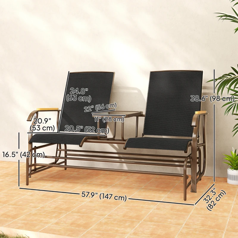 Outsunny Outdoor 2-Person Glider Bench, Outside Swing Glider Chair Loveseat with Breathable Mesh, Table, Steel Frame