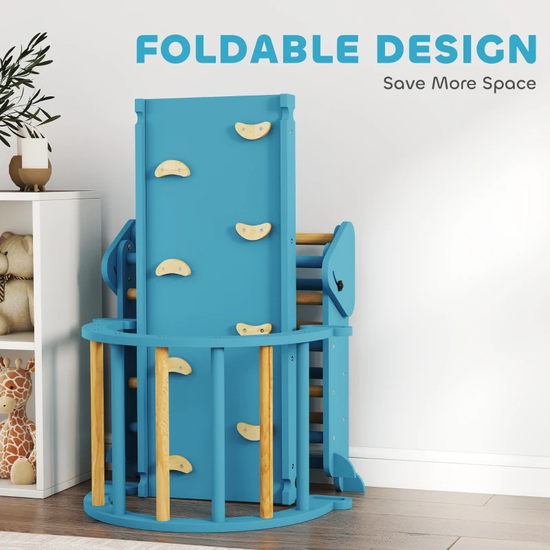 Qaba 7-in-1 Pikler Triangle Set, Foldable Wooden Climbing Toys with Arch, Ramp and Ladder for Toddlers 1-4 Years, Blue