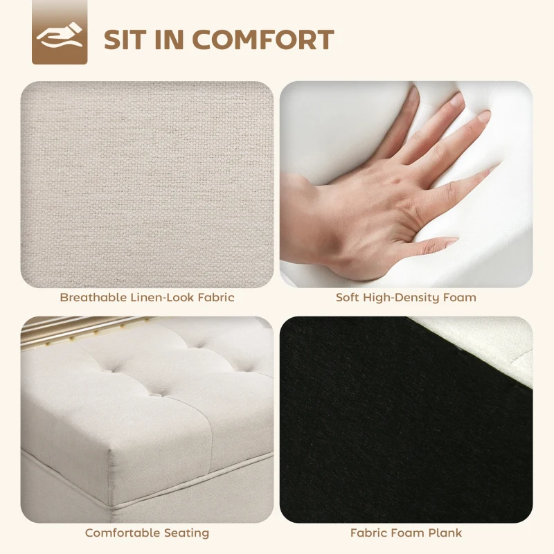 HOMCOM Storage Ottoman Bench, Foot Rest with Lift-Up Lid and Wood Legs, Linen Storage Chest for Living Room, Cream White