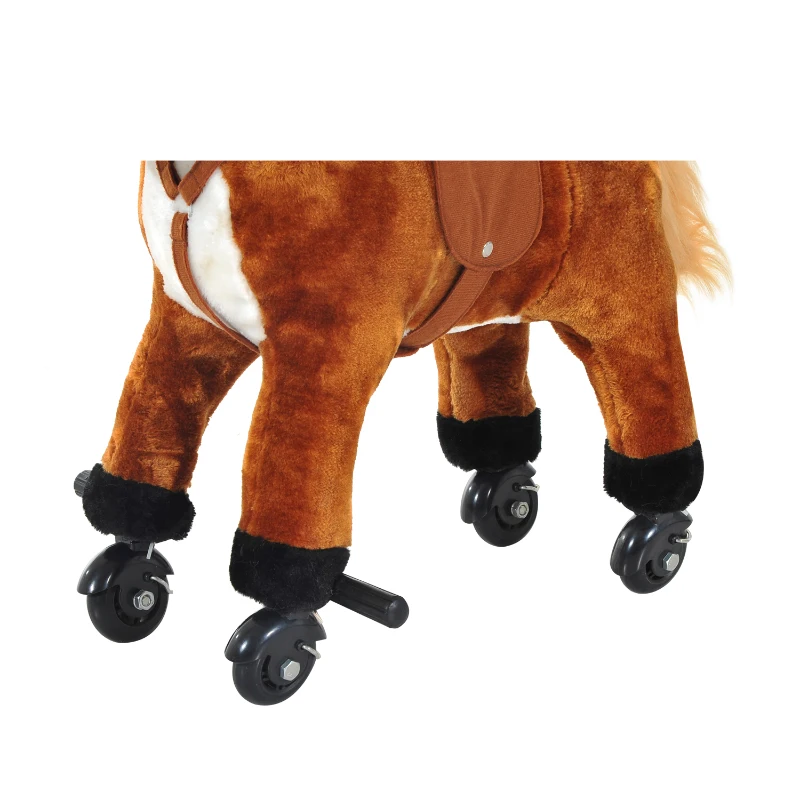 Qaba Kids Interactive Plush Mechanical Walking Ride On Horse Toy with Wheels, Brown