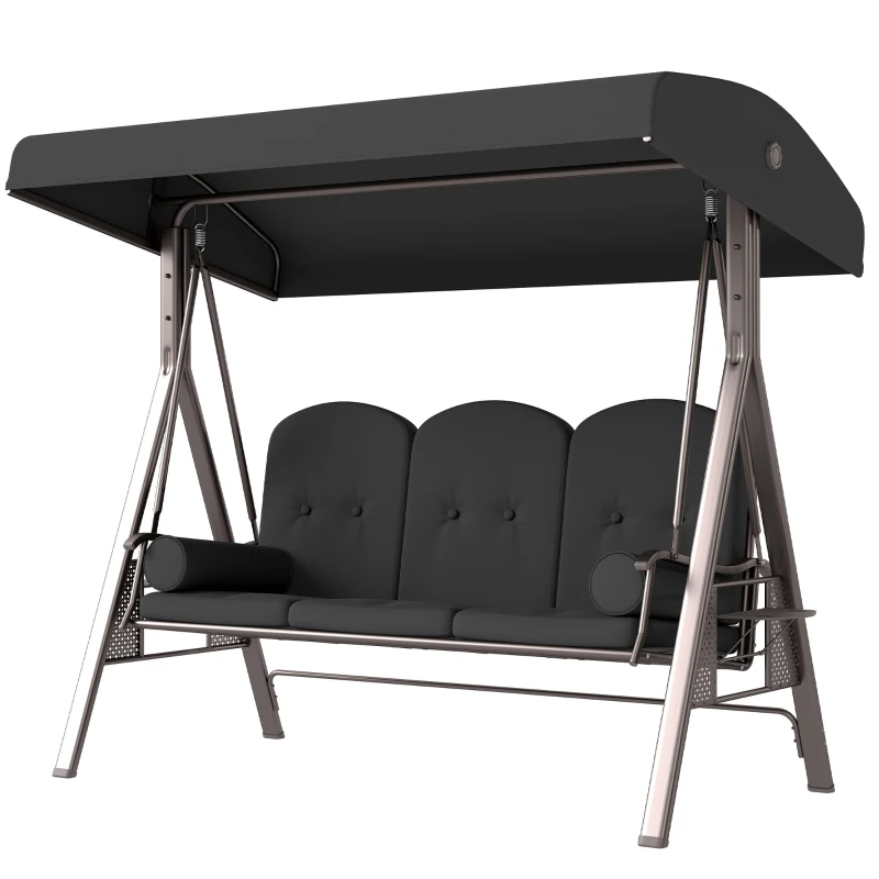 Outsunny Outdoor Patio 3-Person Steel Canopy Cushioned Seat Bench Swing with Included Side Trays & Padded Comfort, Dark Grey