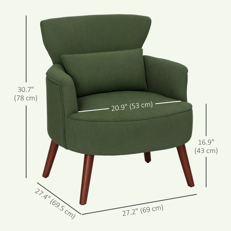 HOMCOM Modern Accent Chair, Upholstered Armchair with Solid Wood Legs and Lumbar Pillow for Living Room, Green