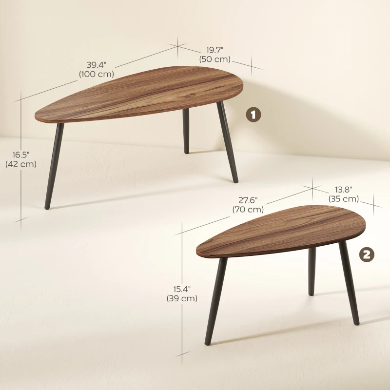 HOMCOM 2 Pieces Coffee Table Set for Living Room, Industrial Nest of Tables with Steel Legs, Brown