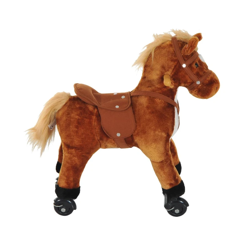 Qaba Kids Interactive Plush Mechanical Walking Ride On Horse Toy with Wheels, Brown