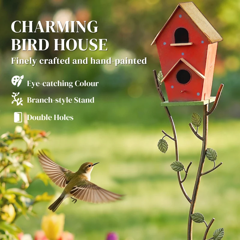 Outsunny 57" Outdoor Bird House with Pole, Metal Bird Houses for Outside, Double-Hole Birdhouse Outdoor Decoration, Red