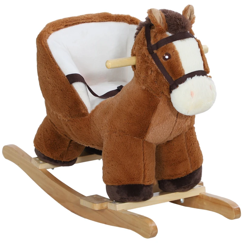 Qaba Baby Rocking Horse, Kids Ride-on with Sound, Wooden Base & Safety Belt for Ages 18-36 Months, Brown
