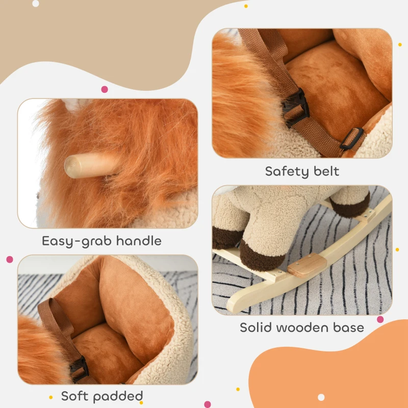 Qaba Baby Rocking Horse Lion with Sound, Plush Stuffed Rocking Animals, Wooden Rocking Horse with Seat Belt for 18-36 Months Boys and Girls Gift, Brown