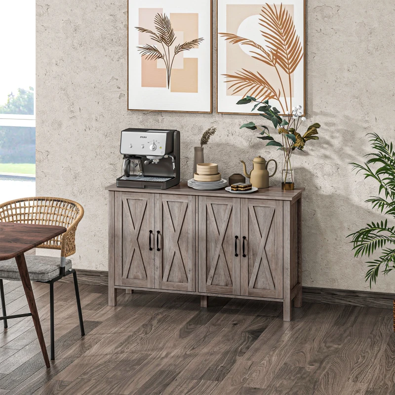 HOMCOM Sideboard Buffet with 4 Barn Doors and 2 Adjustable Shelves, Kitchen Buffet Cabinet for Living Room, Hallway, Gray