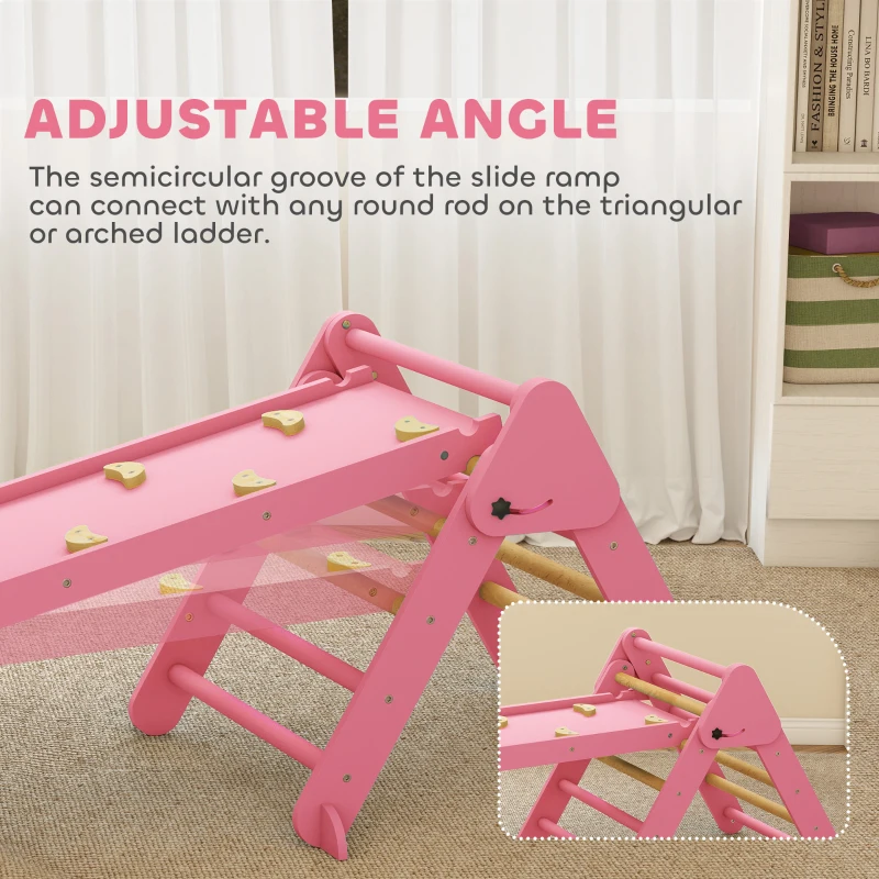 Qaba 7-in-1 Pikler Triangle Set, Foldable Wooden Climbing Toys with Arch, Ramp and Ladder for Toddlers 1-4 Years, Pink