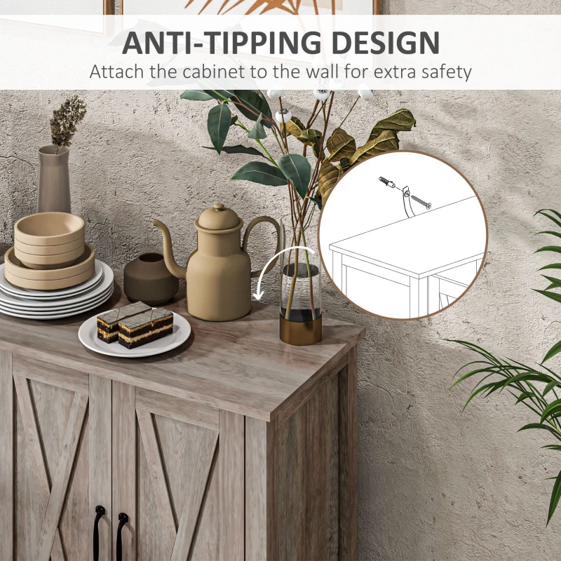 HOMCOM Sideboard Buffet with 4 Barn Doors and 2 Adjustable Shelves, Kitchen Buffet Cabinet for Living Room, Hallway, Gray