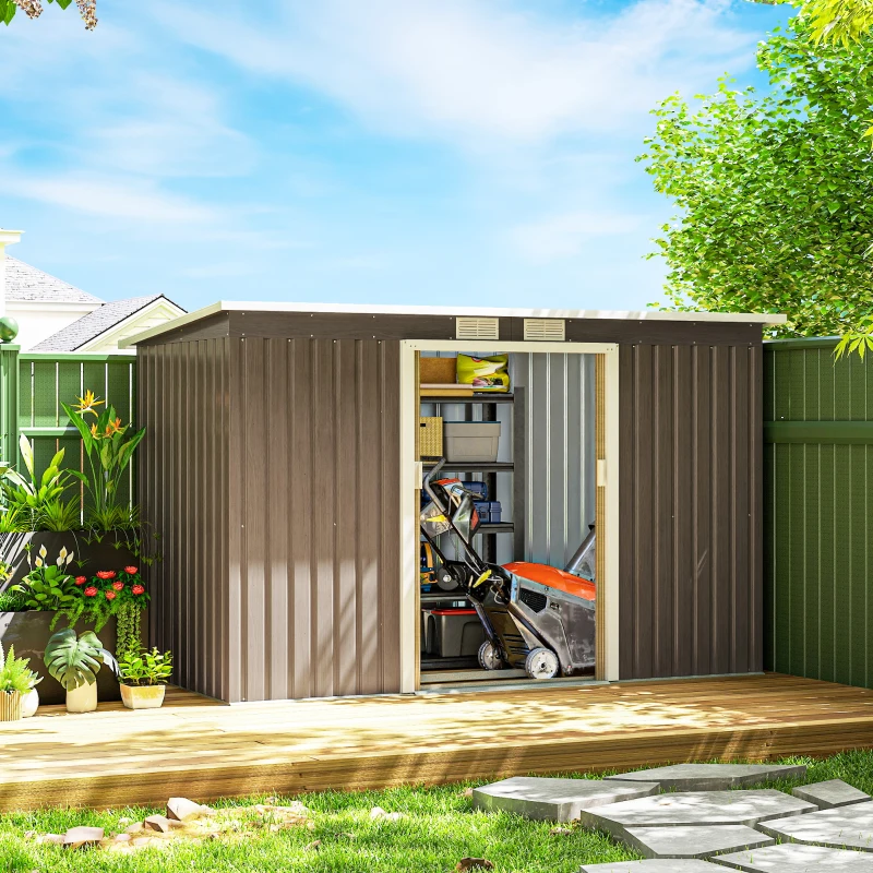 Outsunny 9' x 4' Garden Metal Storage Shed Outdoor Equipment Tool Box with Foundation Kit, Ventilation & Doors, Light Grey