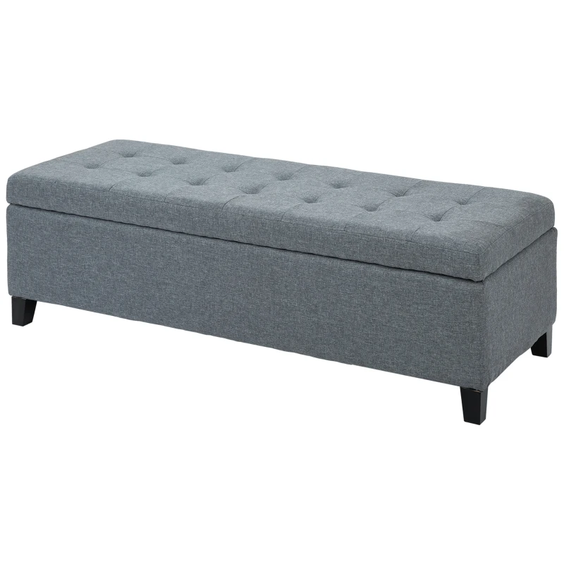 HOMCOM Rectangular Entry Bench, Tufted Upholstered Linen Fabric Wood Feet Storage Ottoman Bench, Grey