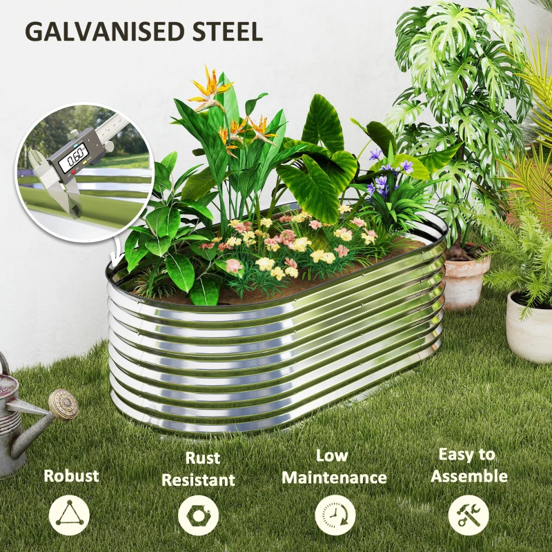 Outsunny 5 x 2.5 x 2 ft Galvanized Raised Garden Bed, Easy DIY Oval Planter Box with Safety Edging and Gloves, Silver