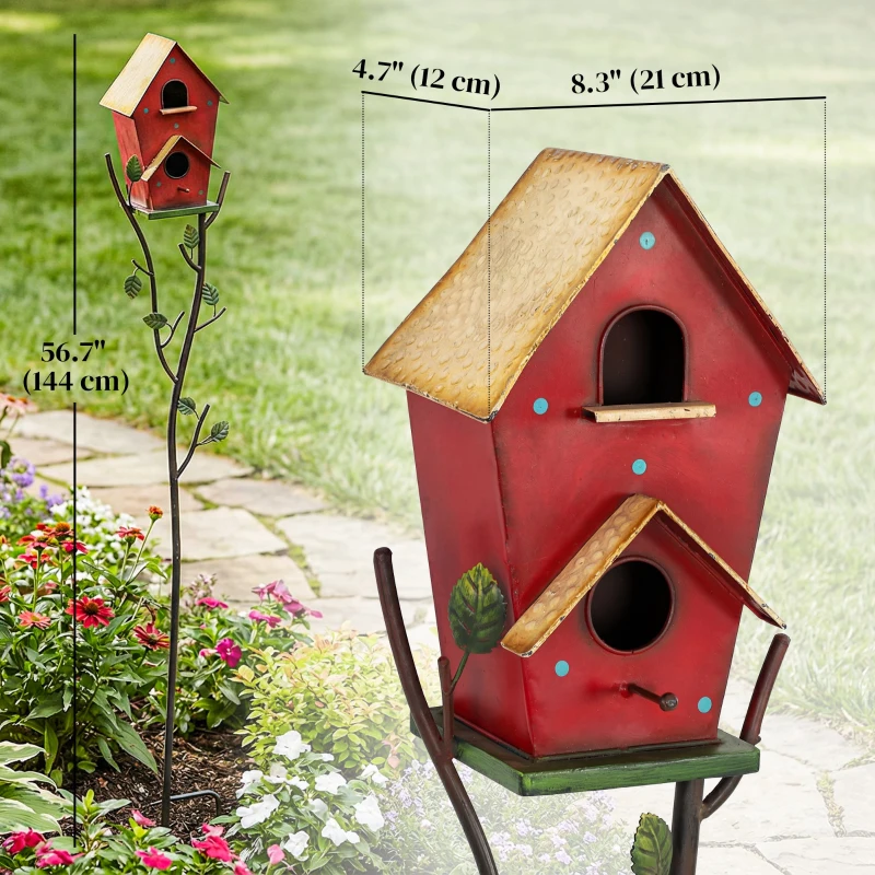 Outsunny 57" Outdoor Bird House with Pole, Metal Bird Houses for Outside, Double-Hole Birdhouse Outdoor Decoration, Red
