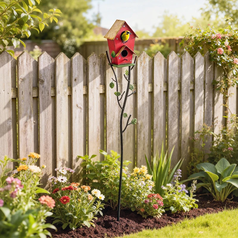 Outsunny 57" Outdoor Bird House with Pole, Metal Bird Houses for Outside, Double-Hole Birdhouse Outdoor Decoration, Red