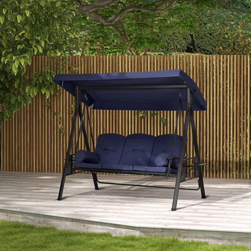 Outsunny Outdoor Patio 3-Person Steel Canopy Cushioned Seat Bench Swing with Included Side Trays & Padded Comfort, Dark Blue